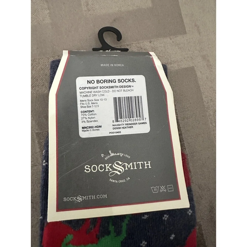 Socksmith Socks Mens One Size Blue Christmas Reindeer Snowflake‎ Cotton Crew